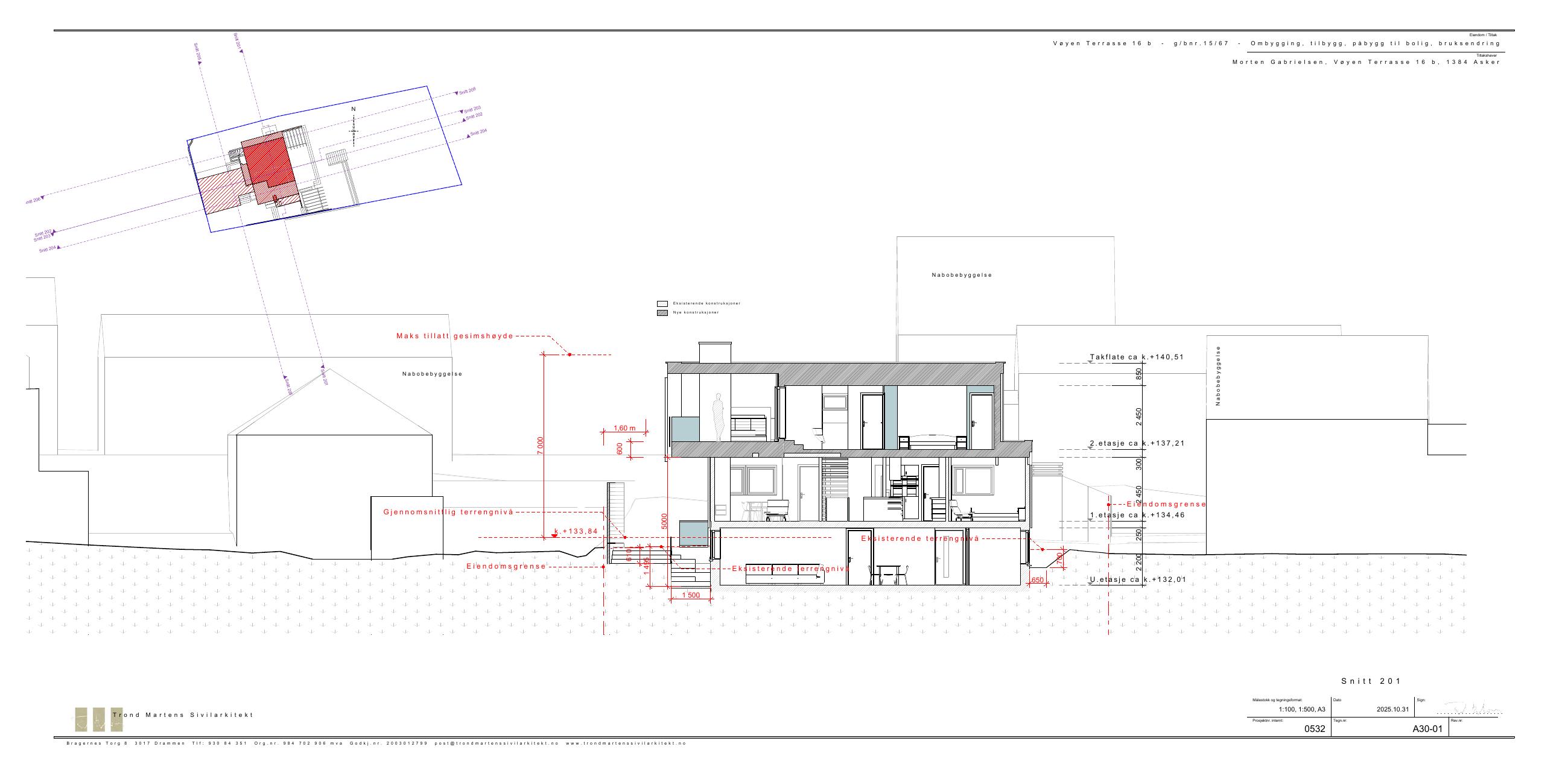Approved section 201 A30-01 by Trond Martens Sivilarkitekt, dated 31 October 2025